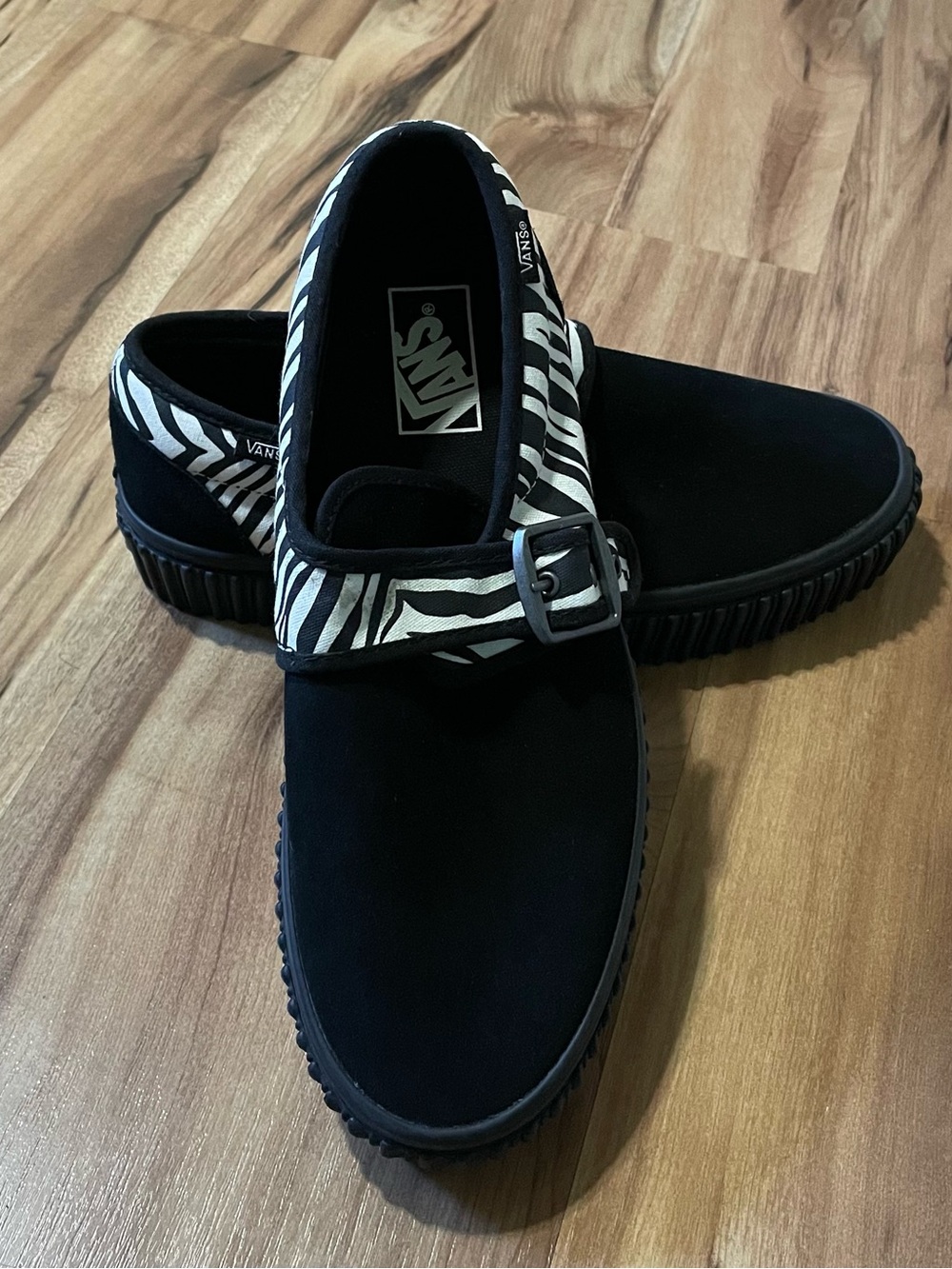 Vans Style 47 Creeper Black Suede Zebra Stripe Buckled Platform Shoes 8M 9.5W